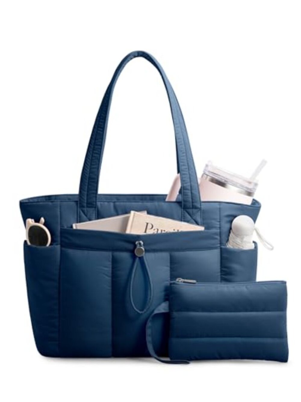 Puffy Tote Bag with Cup Holder Laptop Compartment Cosmetic Bag Trolley Sleeve